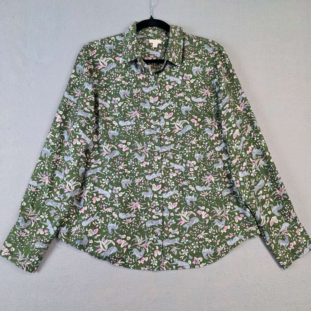 J.Crew Collection Silk Button Down Shirt Green Floral Leopard Print Size 14